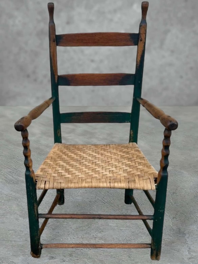 Early Shaker Style Arm Chair In Old Blue Paint And Hand Woven Seat (1 of 3)
