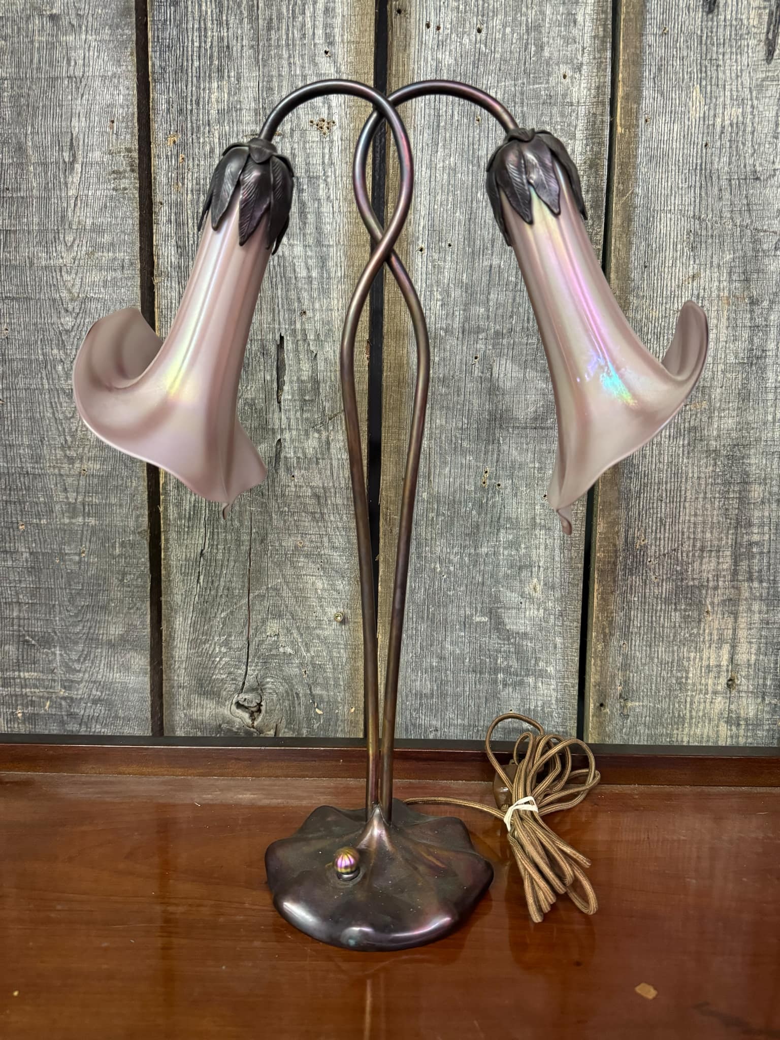 Wrought Iron Tiffany Style John Cook Studios 85 #2LLJA114 Tulip Lamp With Stained - Slag Glass: Wrought Iron Tiffany Style John Cook Studios 85 #2LLJA114 Tulip Lamp With Stained - Slag Glass Shades 18"