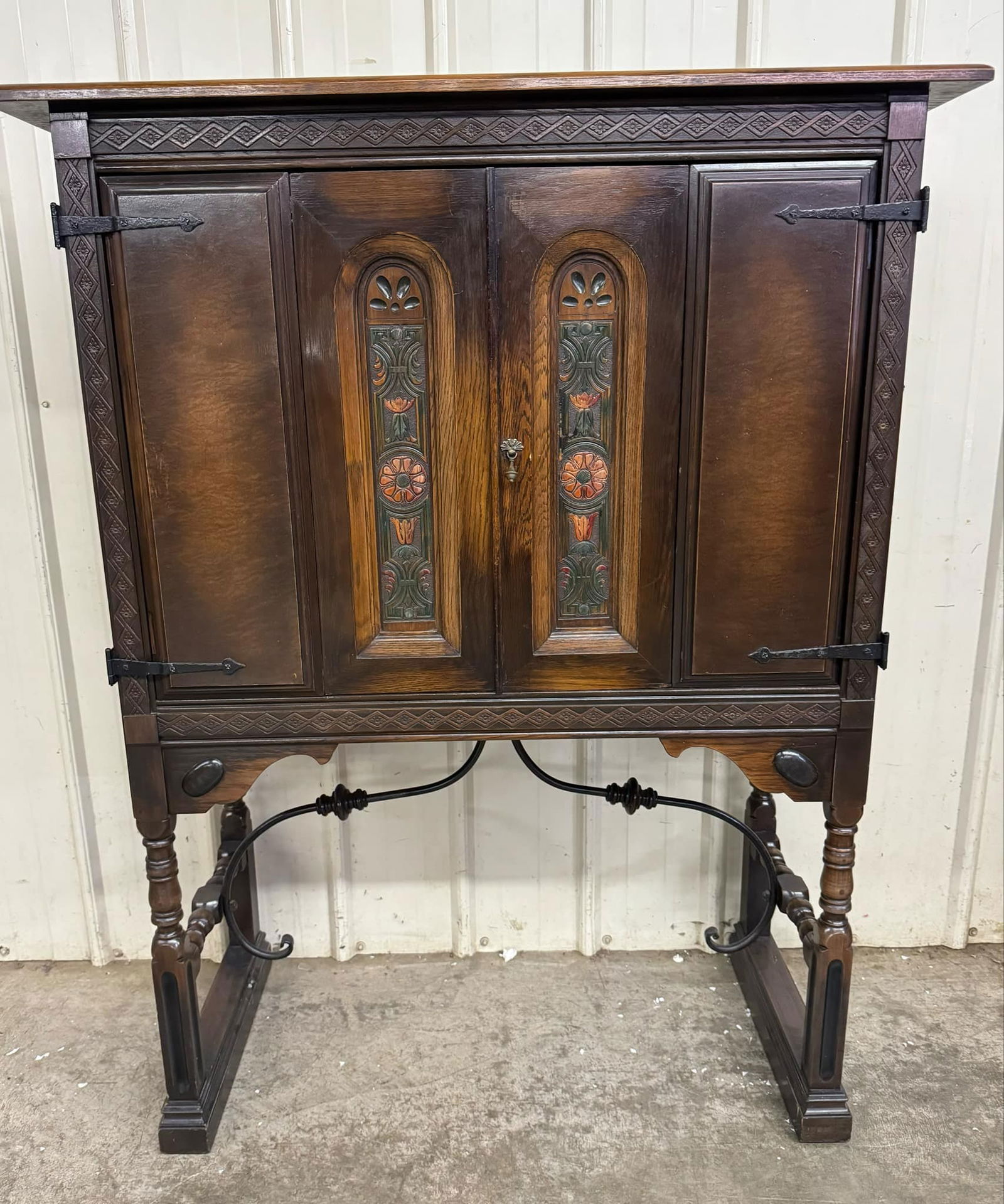 Antique Jacobean Floral Handpainted Carved Walnut Blind Door Cupboard Cabinet (1 of 8)