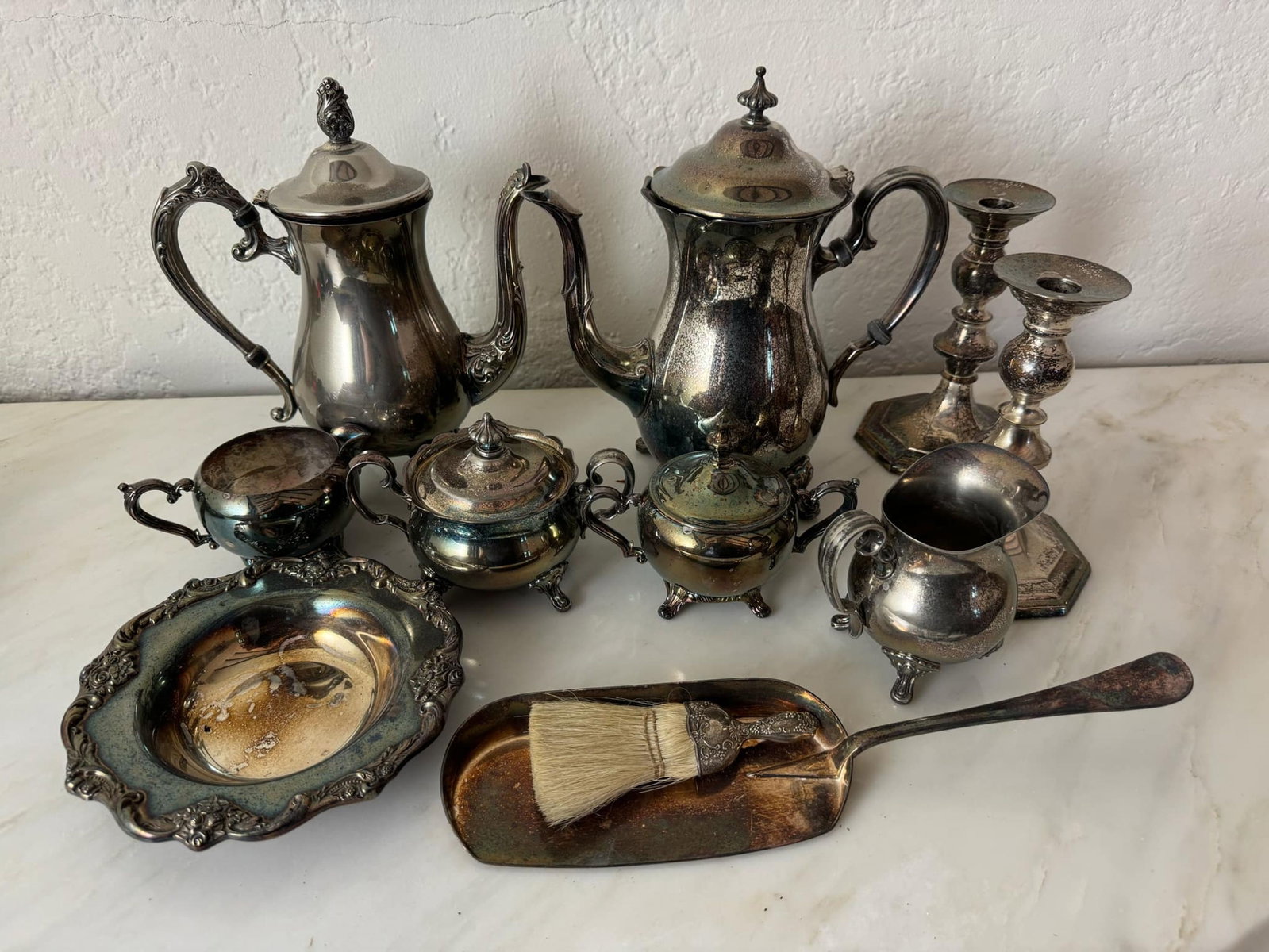 Silver Plate Tea Coffee Service w/ Crumb Catcher: Silver Plate Tea Coffee Service w/ Crumb Catcher