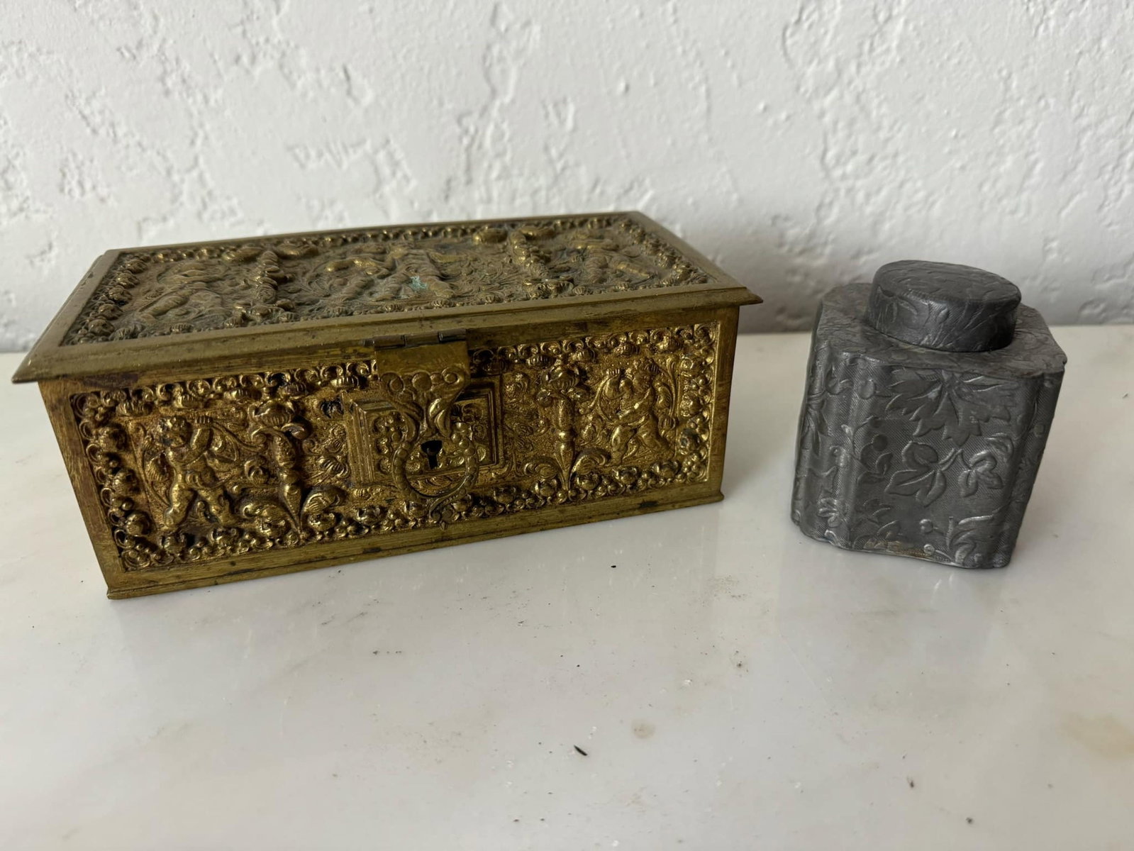 Ornate Brass Keepsake Box, Metal Ink Well: Ornate Brass Keepsake Box, Metal Ink Well