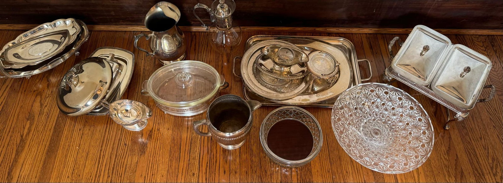 Collection of Silver Plate Serving Ware, Glass Serving Bowl (1 of 3)