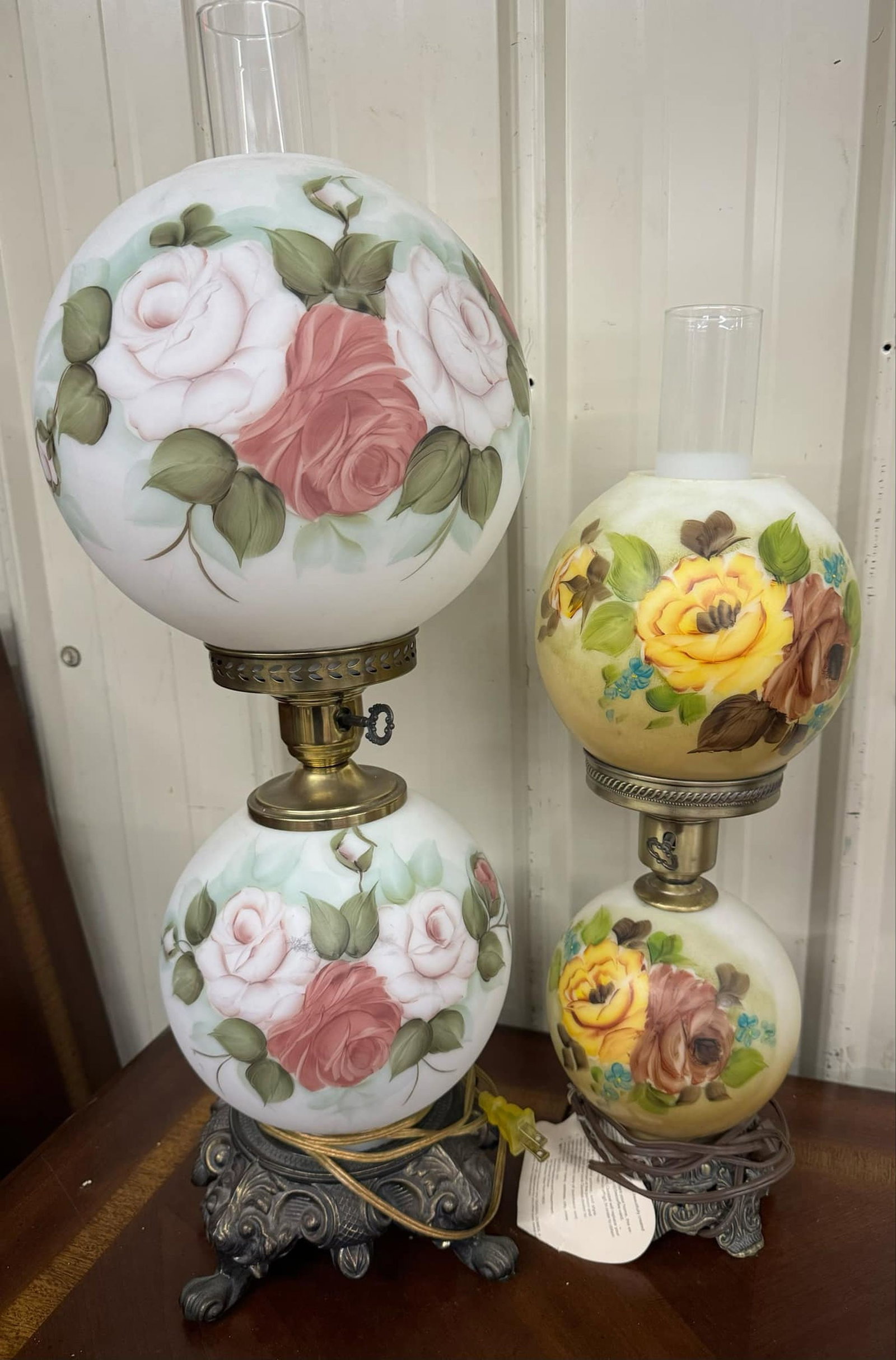 Two Hand Painted Gone with the Wind Style Hurricane Lamps: Two Hand Painted Gone with the Wind Style Hurricane Lamps