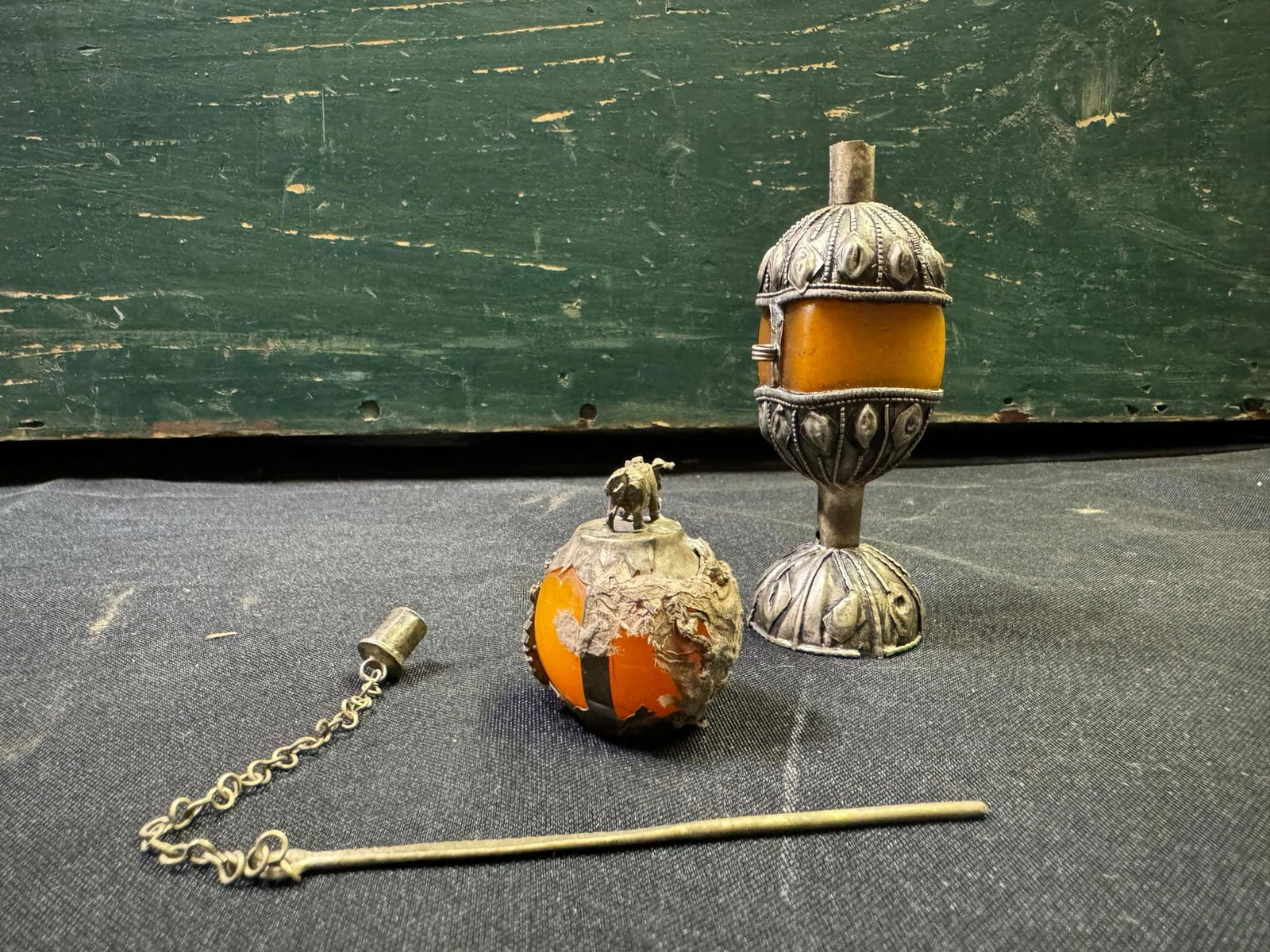 Antique Chinese Boar Amber Bakelite Ball, Antique Islamic Kohl Cosmetic Container: Antique Chinese Boar Amber Bakelite Ball, Antique Islamic Kohl Cosmetic Container