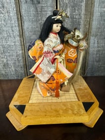 Vintage Japanese Porcelain & Hand Made Geisha Girl in Traditional Clothing on Wooden Base