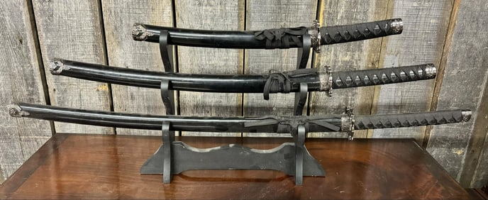 Japanese Style Sword Set on Stand, Katana, Wakizashi and Tanto