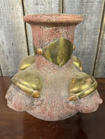Rustic Terracotta Ware Vase with Faces Brass Style and Copper