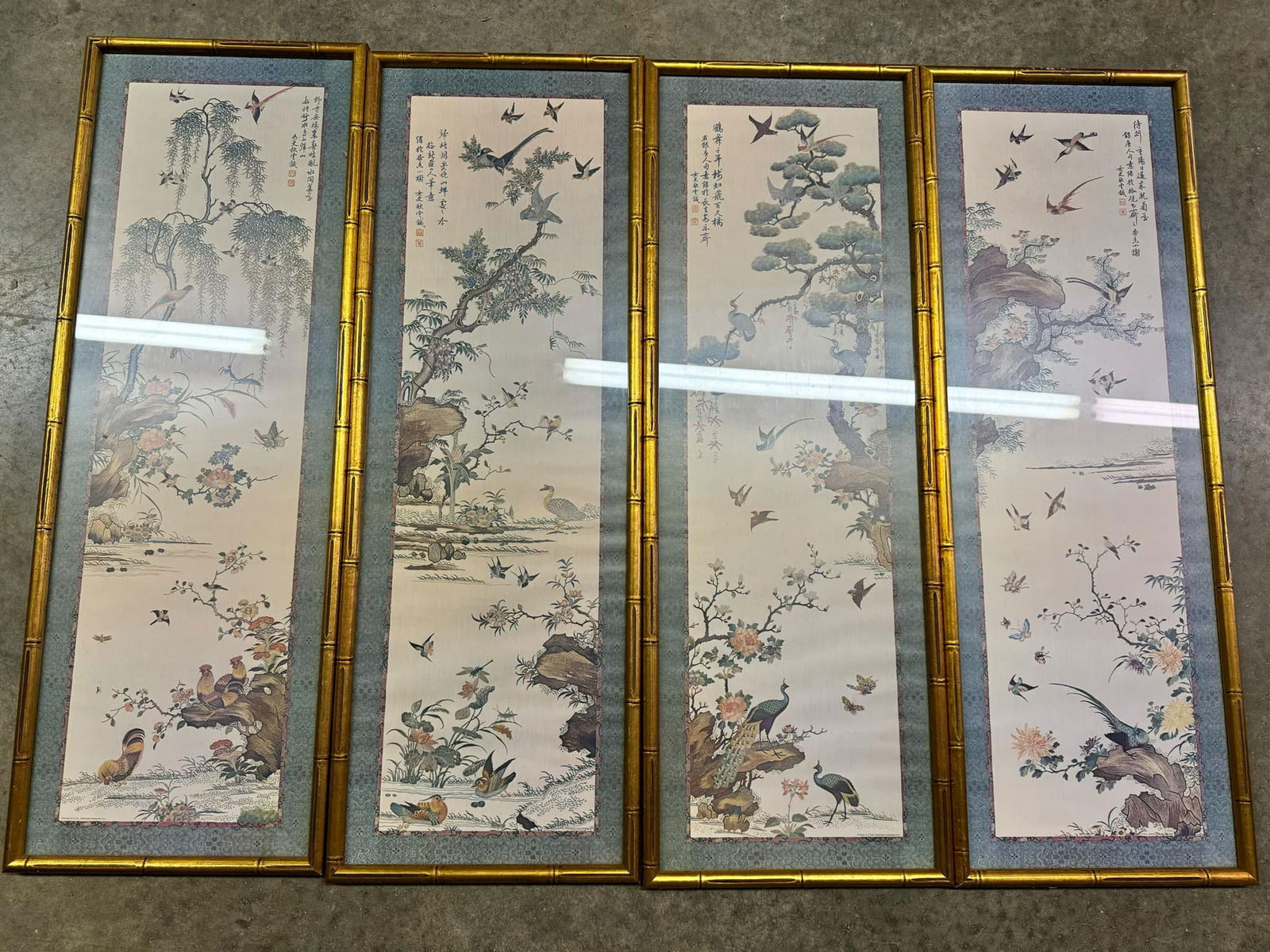 Set of Four (4) Oriental Wall Art Panels in Golden Bamboo Style Frames (1 of 5)