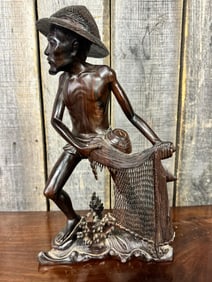 15" Vintage Njana Tilem Gallery Mas Bali wood Fisherman sculpture