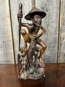 Vintage Balinese Fisherman Wooden Carving
