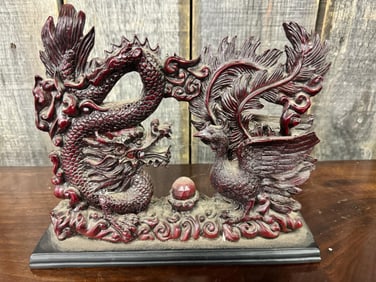 Oriental Colored Resin Dragon and Phoenix Figurine