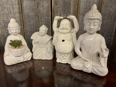 Asian Figurines: Artificial Succulent Arrangement in White Buddha, Benihana Samurai w. Fan, Budai