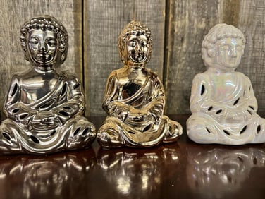 Trio of Sitting Buddha in Meditation in Various Materials