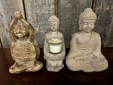 Asian Figures, Wooden Carved Turtle, Buddha Candleholder, Sitting Buddha in Meditation