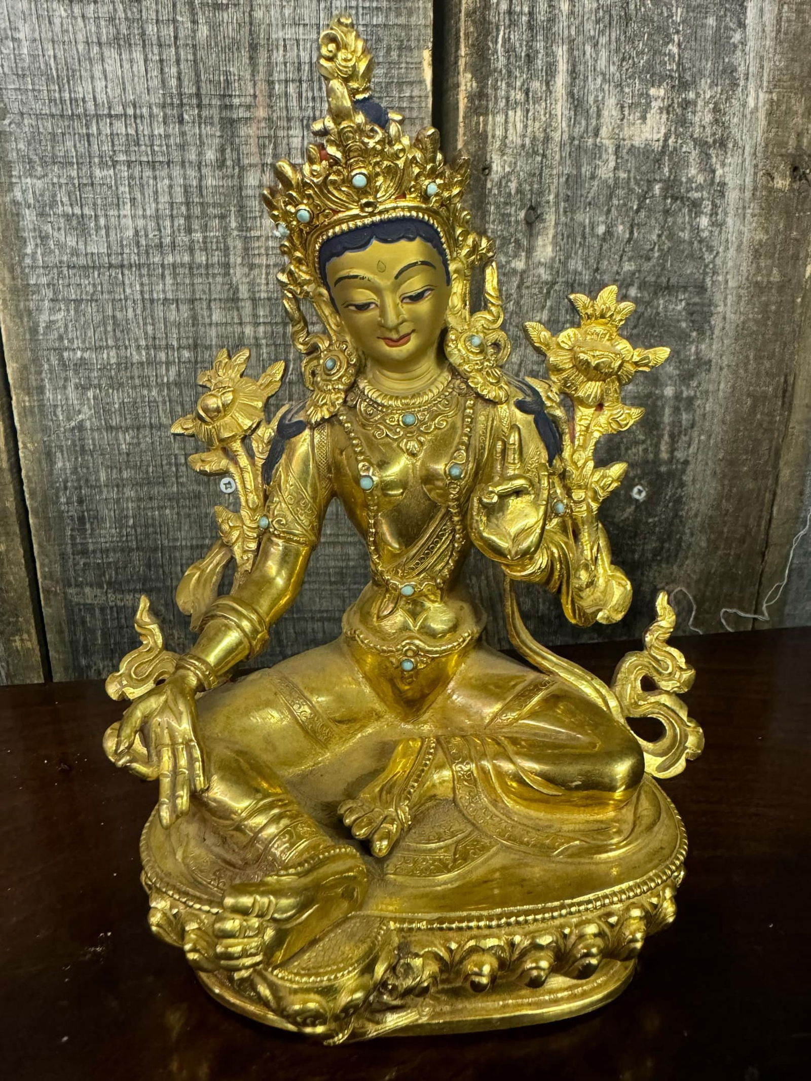 Green Tara Goddess of Buddhism Gilded Statue, Heavy Metal w/ Wooden Base (1 of 7)