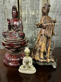 Two Buddhas, One Wooden China Lady Figure