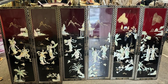 Six (6)  Vintage Asian Abalone Shell Wall Panels Mother of Pearl Geisha Ladies