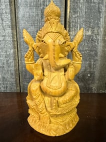 Ganesha Sitting on Lotus Wooden Statue Sculpture Hindu God