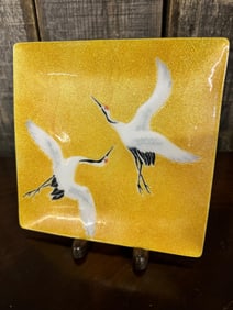 Vintage Japanese Cloisonne Enamel Decorative Plate, Ibises On Gold, Tutanka Brand.