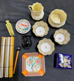 Collection of Oriental Items: Zenergy Duo Hand Bell Chime, Tea Cups w. Makers Mark, Keepsake Box,