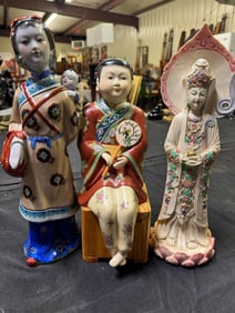 Asian Lady and Boy Figures, Pottery Guanyin Kwan-yin Bodhisattva sculpture