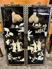 Vintage Oriental Geisha Black Lacquer Wall Art Mother of Pearl Style Panels