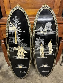 Vintage Oriental Geisha Black Lacquer Wall Art Mother of Pearl Style Panels