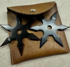 Set of Two (2) Ninja Throwing Stars in Leather Style Case