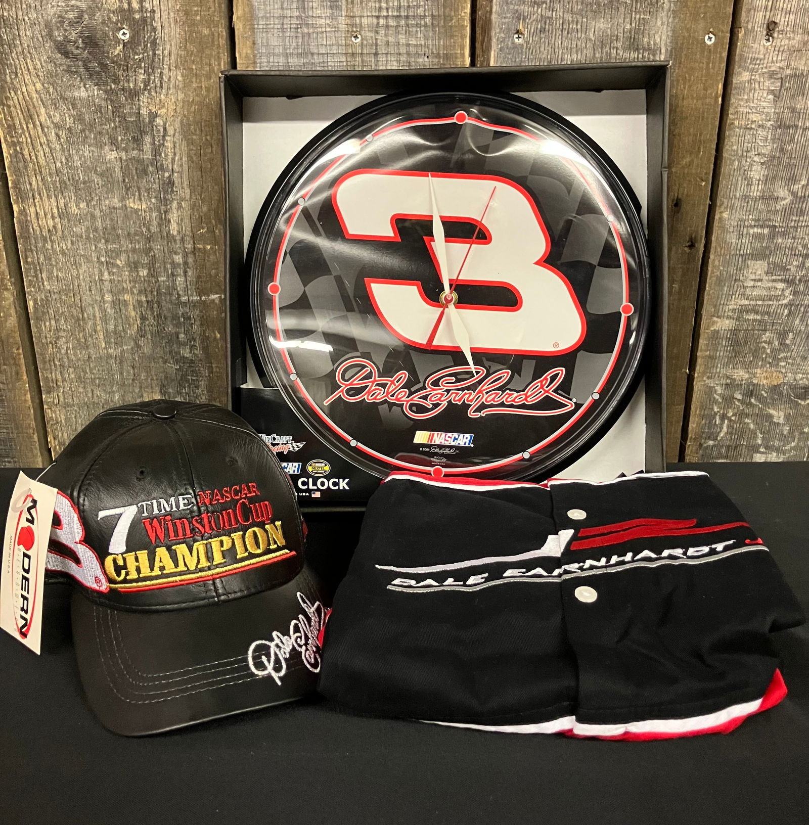 Dale Earnhardt Memorabilia Collection Including Wall Clock (12"), Hat And Button-Down Shirt. (1 of 4)