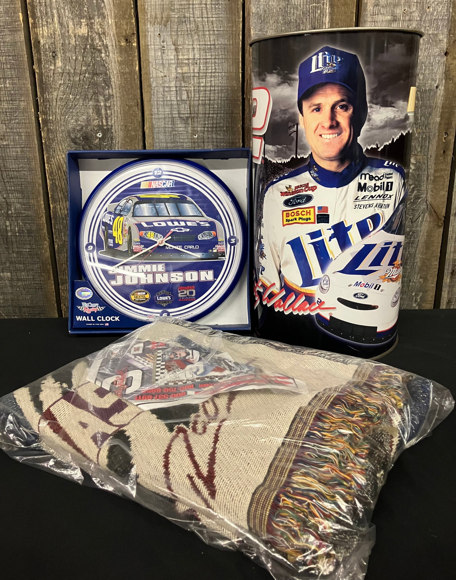 Trio Of Nascar Items: Rusty Wallace Can (19"H), Jimmie Johnson Wall Clock And Dale Earnhardt Blanket (1 of 3)