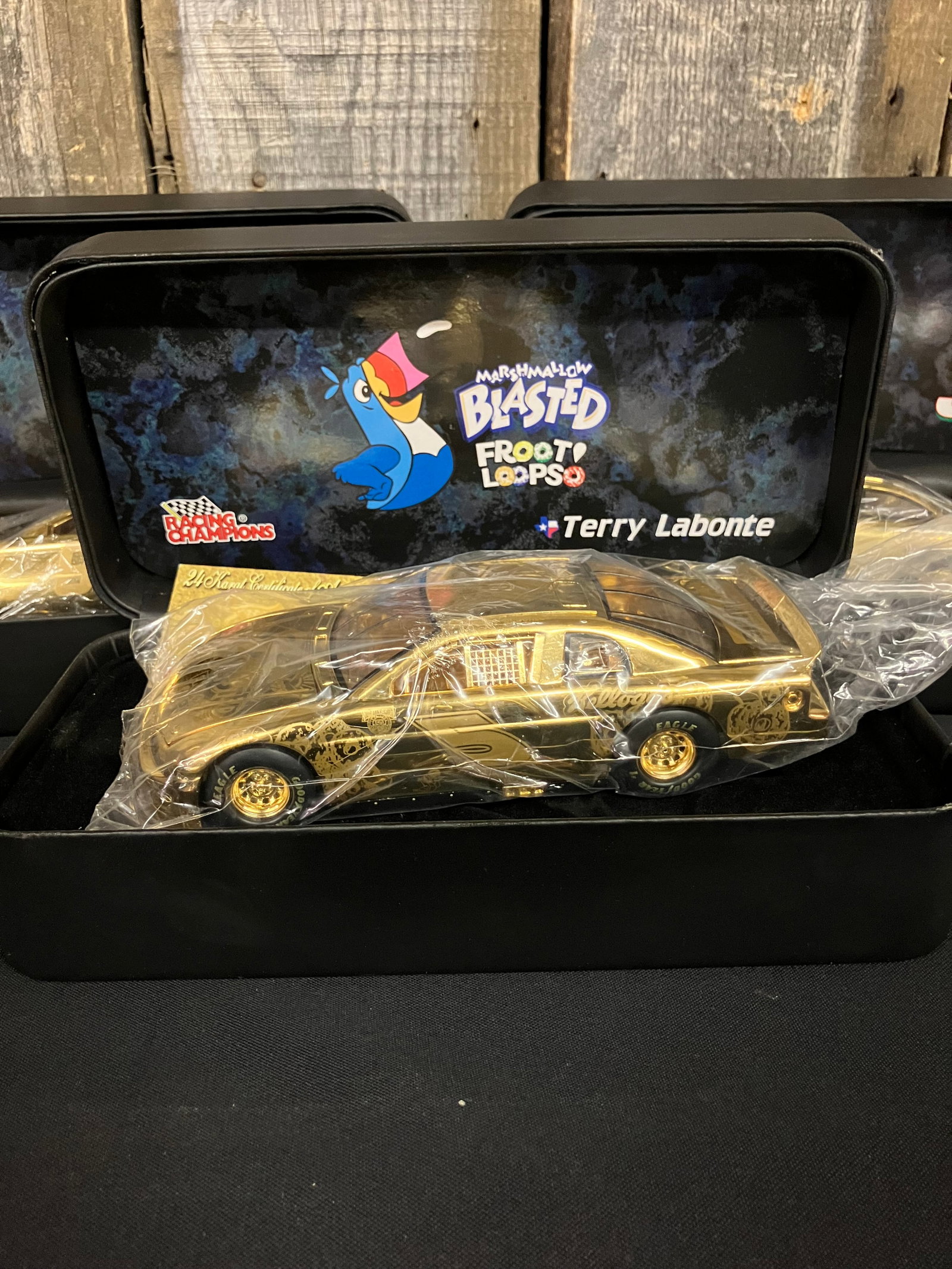 Trio Of 50th Anniversary Nascar 24 Karat Gold Cars With Certificate Of Authenticity Including Terry: Trio Of 50th Anniversary Nascar 24 Karat Gold Cars With Certificate Of Authenticity Including Terry Labonte, Bill Elliot And Todd Bodine 10" Excellent Condition