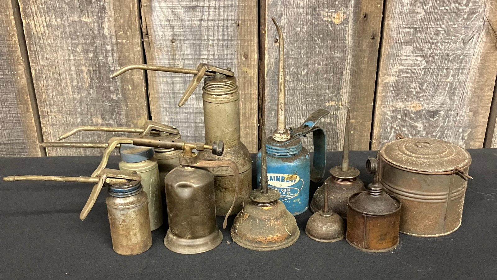 Lot Of Oil Dispenser Cans And Miniature Torch (Largest 10"): Lot Of Oil Dispenser Cans And Miniature Torch (Largest 10")