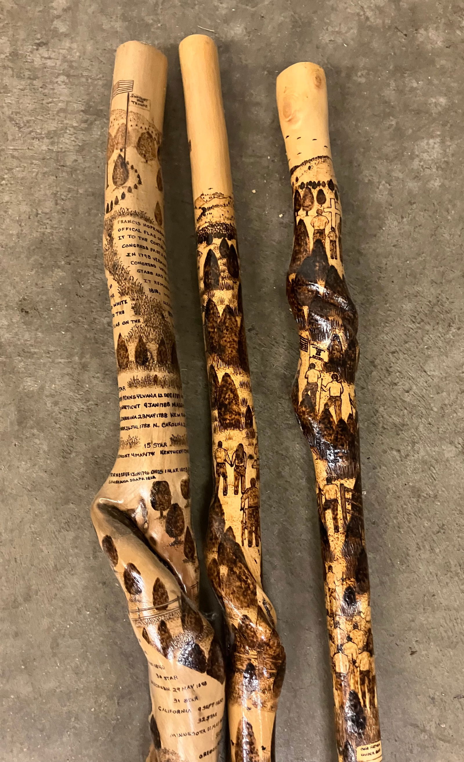 Trio Of Twisted Vine - Heavily Decorated Walking Sticks 48" Made By Award Winning Cane Maker - (1 of 5)