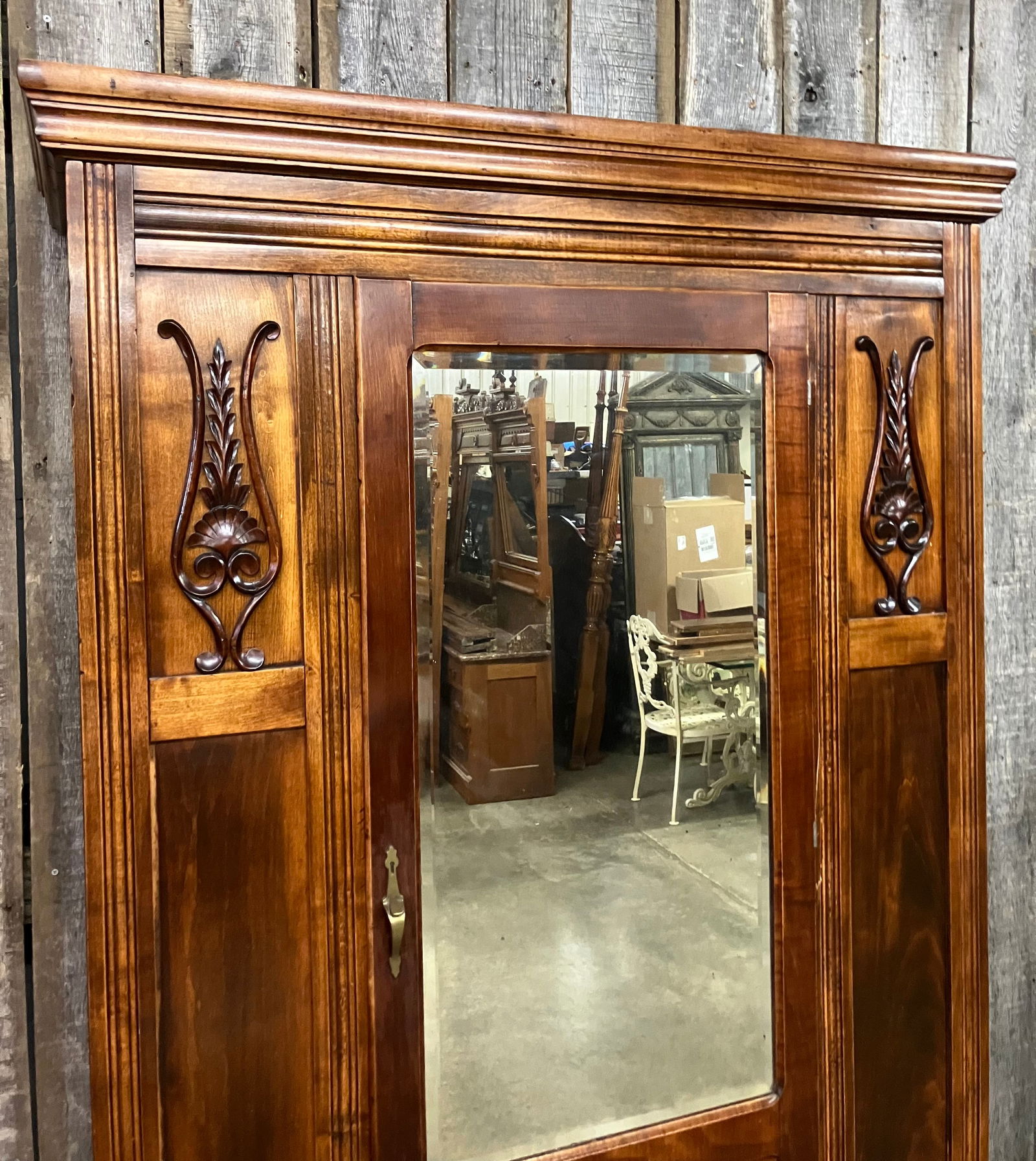 Vintage Wardrobe With Carved Wood Decoration And Mirrored Door 45"X 18"X 79" (1 of 4)