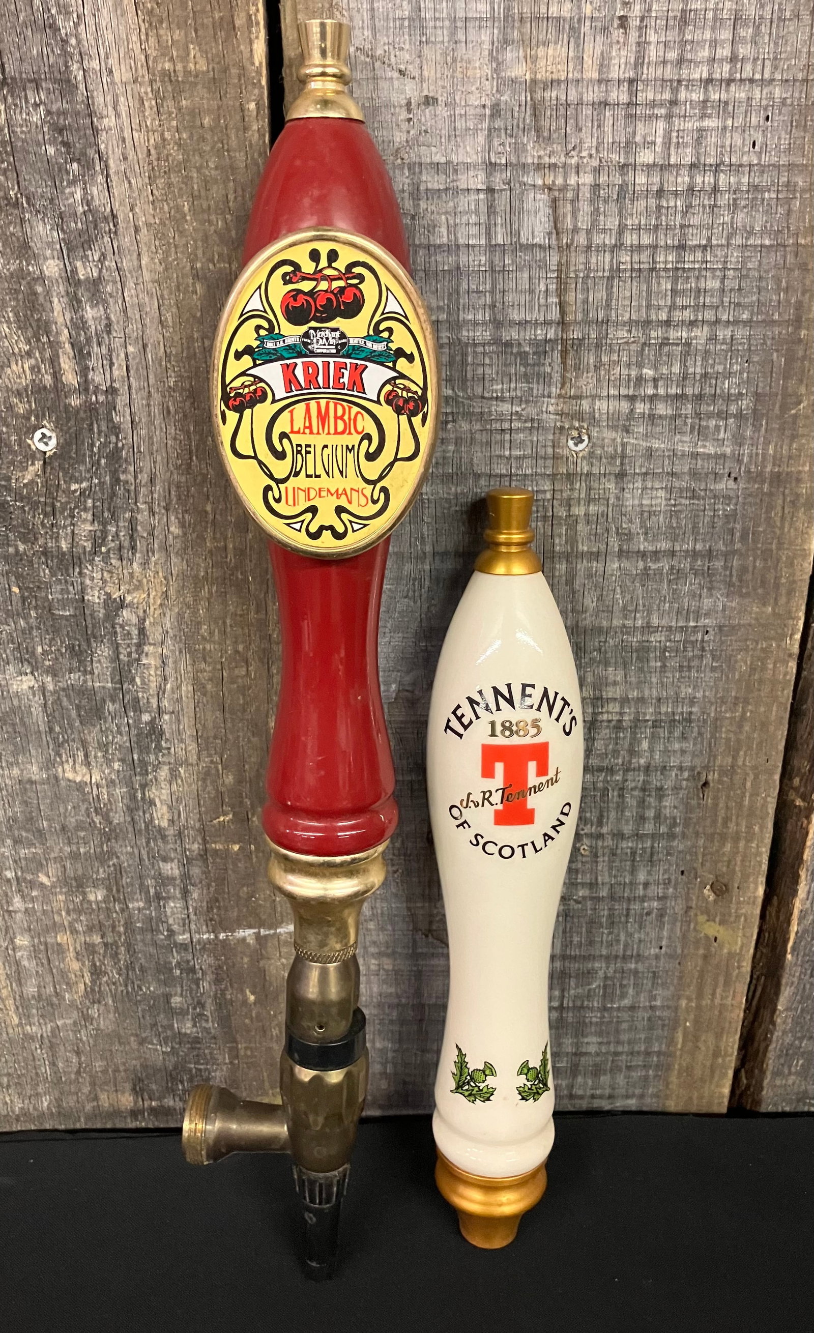 Kriek Lambic Belgium Lindemans And Tennent's Of Scotland "1885" Beer Tap Handles (Largest 18"L): Kriek Lambic Belgium Lindemans And Tennent's Of Scotland "1885" Beer Tap Handles (Largest 18"L)