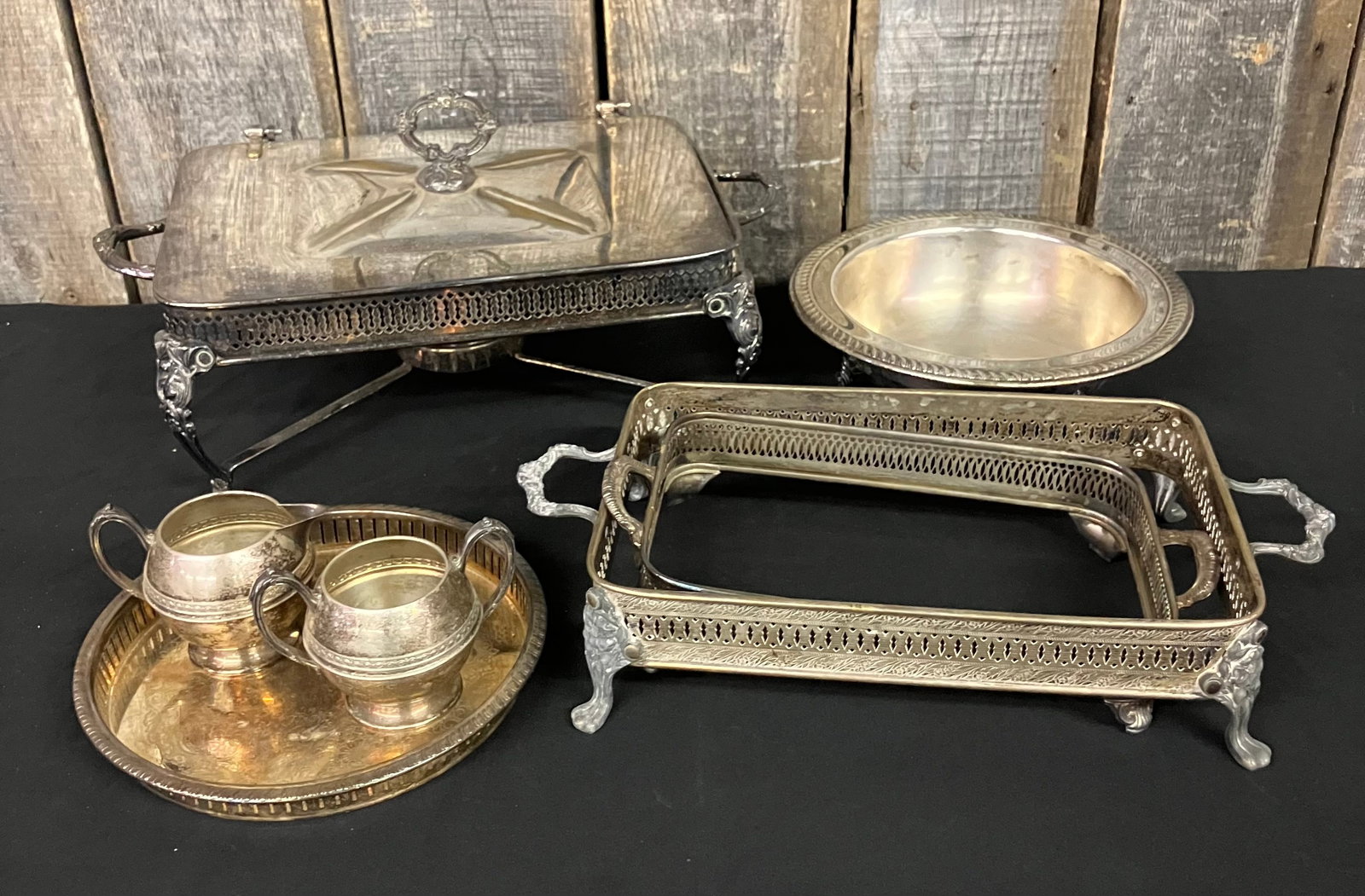 Lot Of Antique Silver Plated Serving Dishes Including Sugar - Creamer. (Largest 18"W X 9"H) (1 of 4)