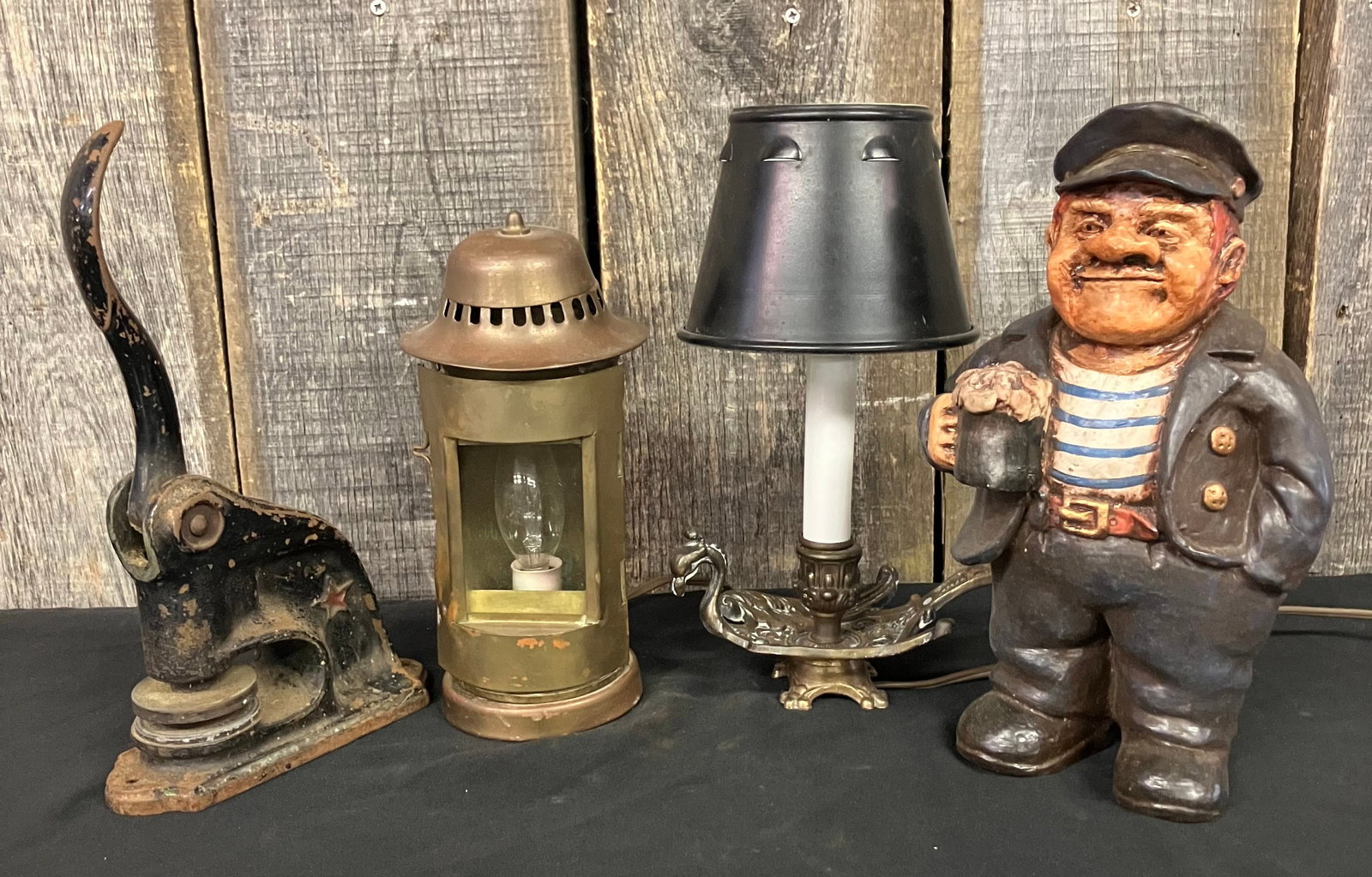 Lot Of 4 Including Wooden Moby Dick Statue, Pair Of Small Desk Lamps And Cast Iron Notary Seal: Lot Of 4 Including Wooden Moby Dick Statue, Pair Of Small Desk Lamps And Cast Iron Notary Seal Embosser Stamp (Tallest 10")