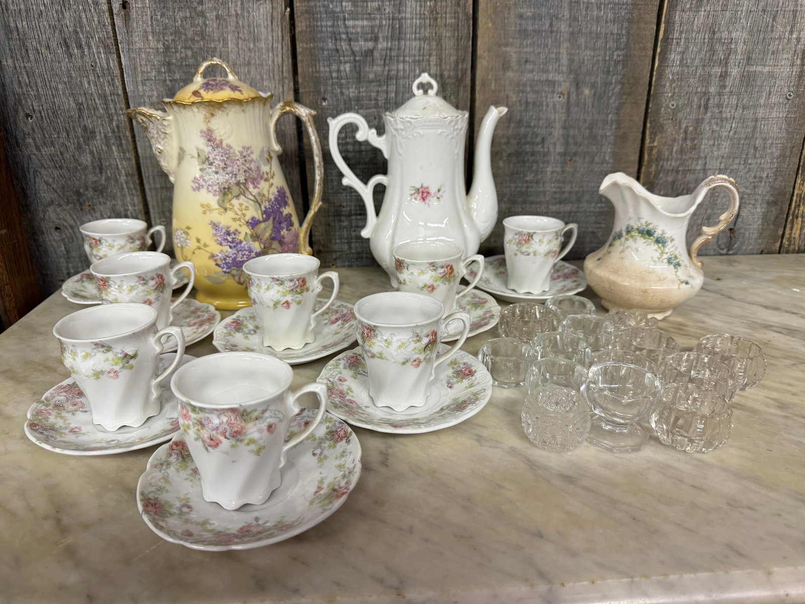 Lot Of Antique Porcelain Tea Kettles With Cups-Saucers: Lot Of Antique Porcelain Tea Kettles With Cups-Saucers