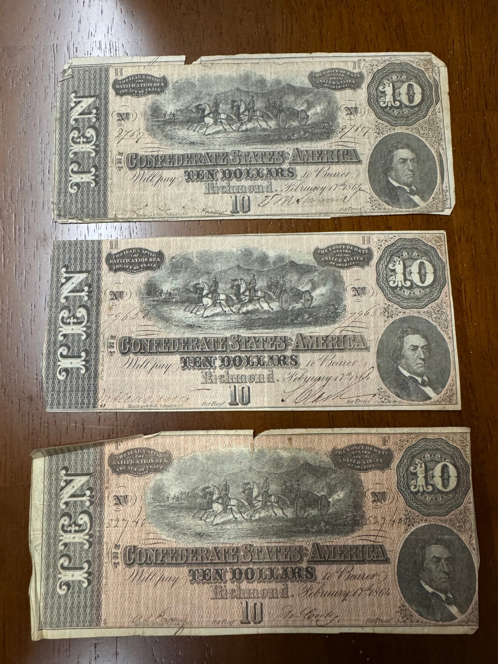 Lot Of 3 Confederate States Of America $10 Dollar Bills (1 of 2)