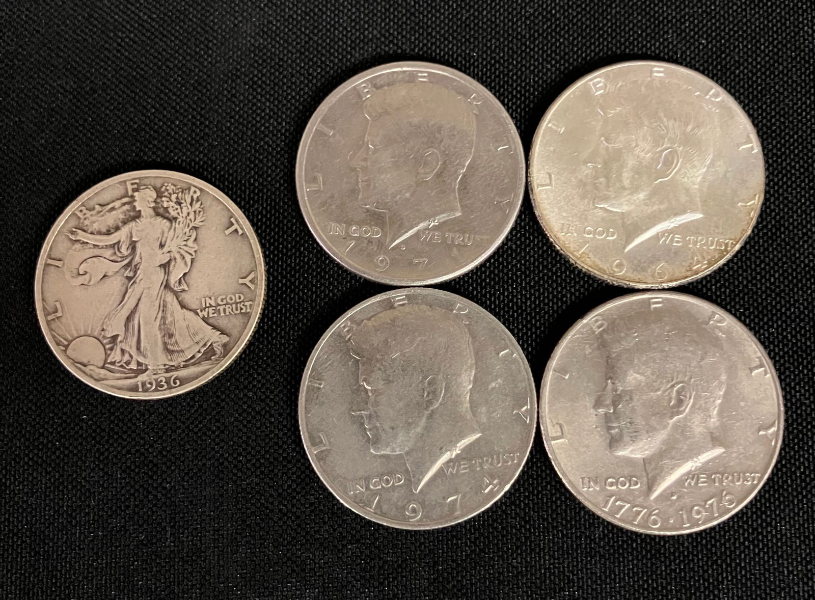 1936 Walking Liberty Half Dollar Silver Coin With 64', 71', 74' And 76' Kennedy Halves (1 of 4)