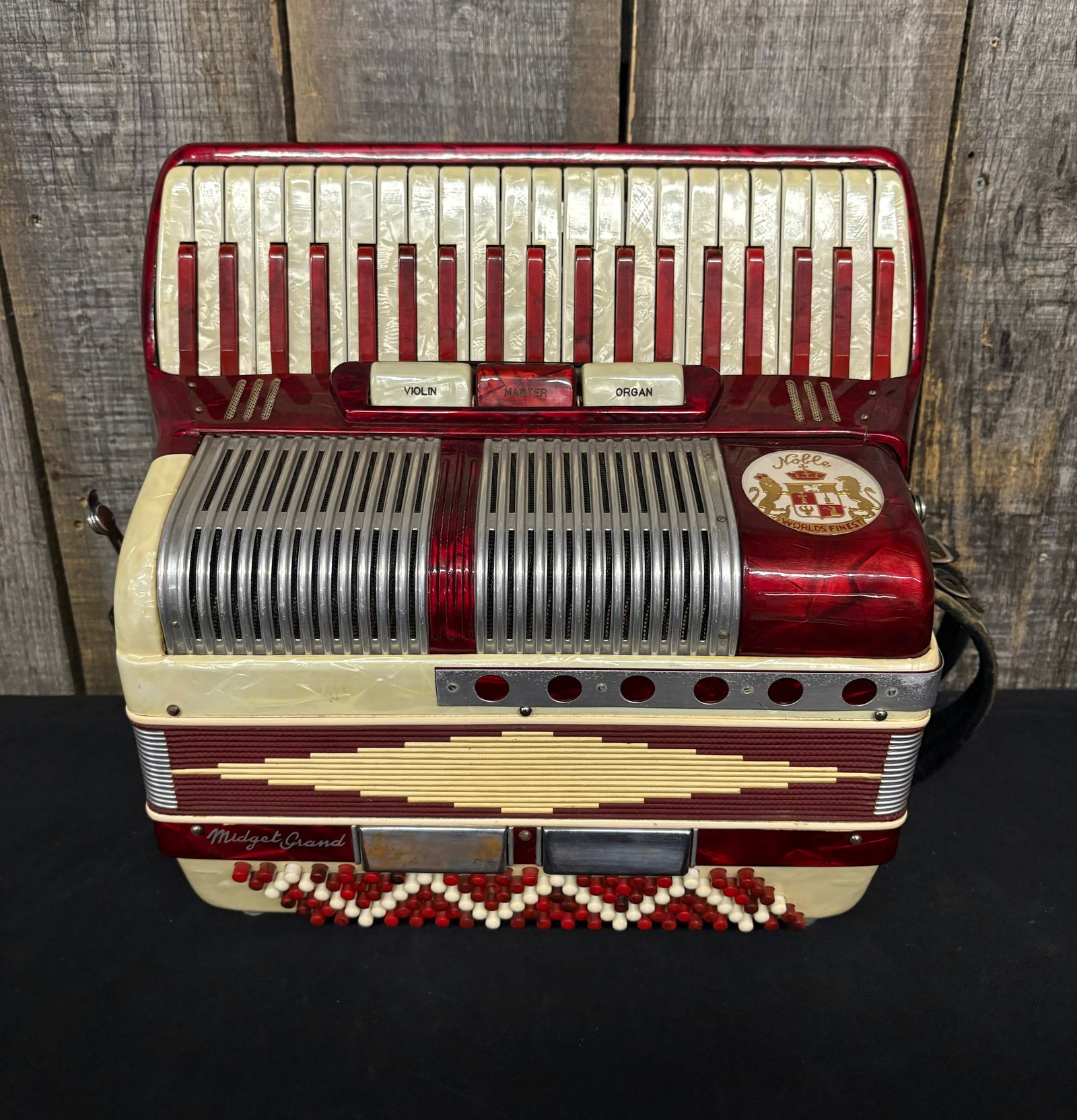 C.1960's Noble "Midget Grand" Accordion (Italy) Red - White 14"X 14" With Hard Case: C.1960's Noble "Midget Grand" Accordion (Italy) Red - White 14"X 14" With Hard Case