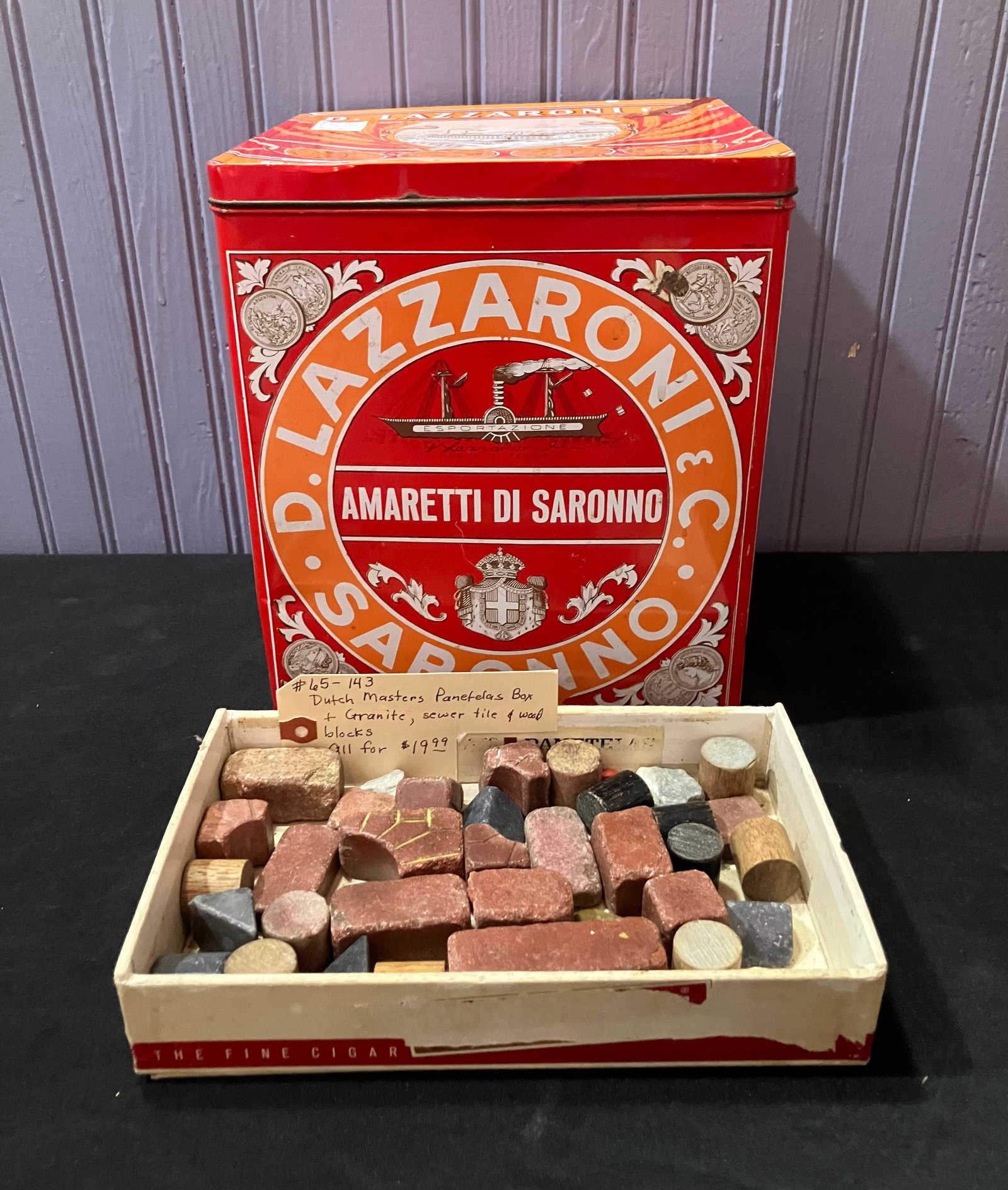 D. Lazzaroni Advertising Tin (Milano) And Dutch Master's Box Of Granite, Sewer Tile And Wood Blocks: D. Lazzaroni Advertising Tin (Milano) And Dutch Master's Box Of Granite, Sewer Tile And Wood Blocks (Tin 11")