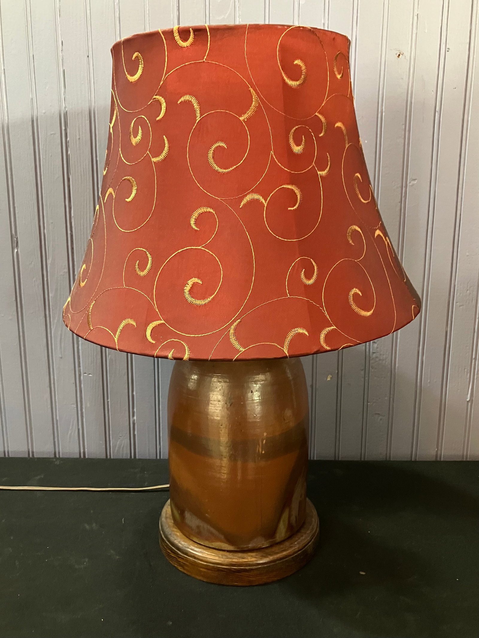 Primitive Style Early Two Tone Brown Stoneware Pottery Crock On Base Converted Table Lamp 22"H (1 of 3)