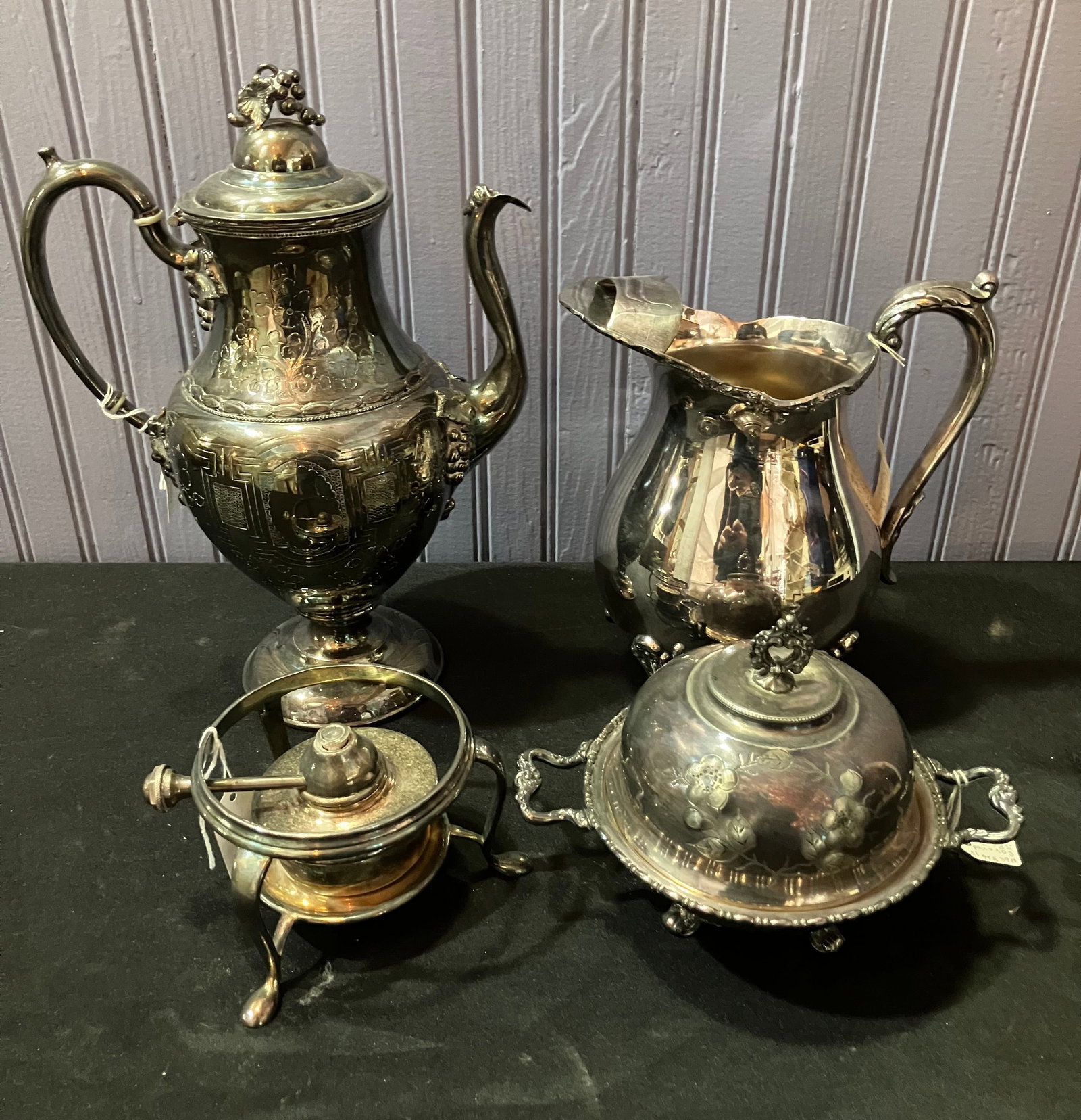 Lot Of Antique Silver Plated Serving Ware Including Highly Decorated Engraved Kettle 12"H (1 of 5)