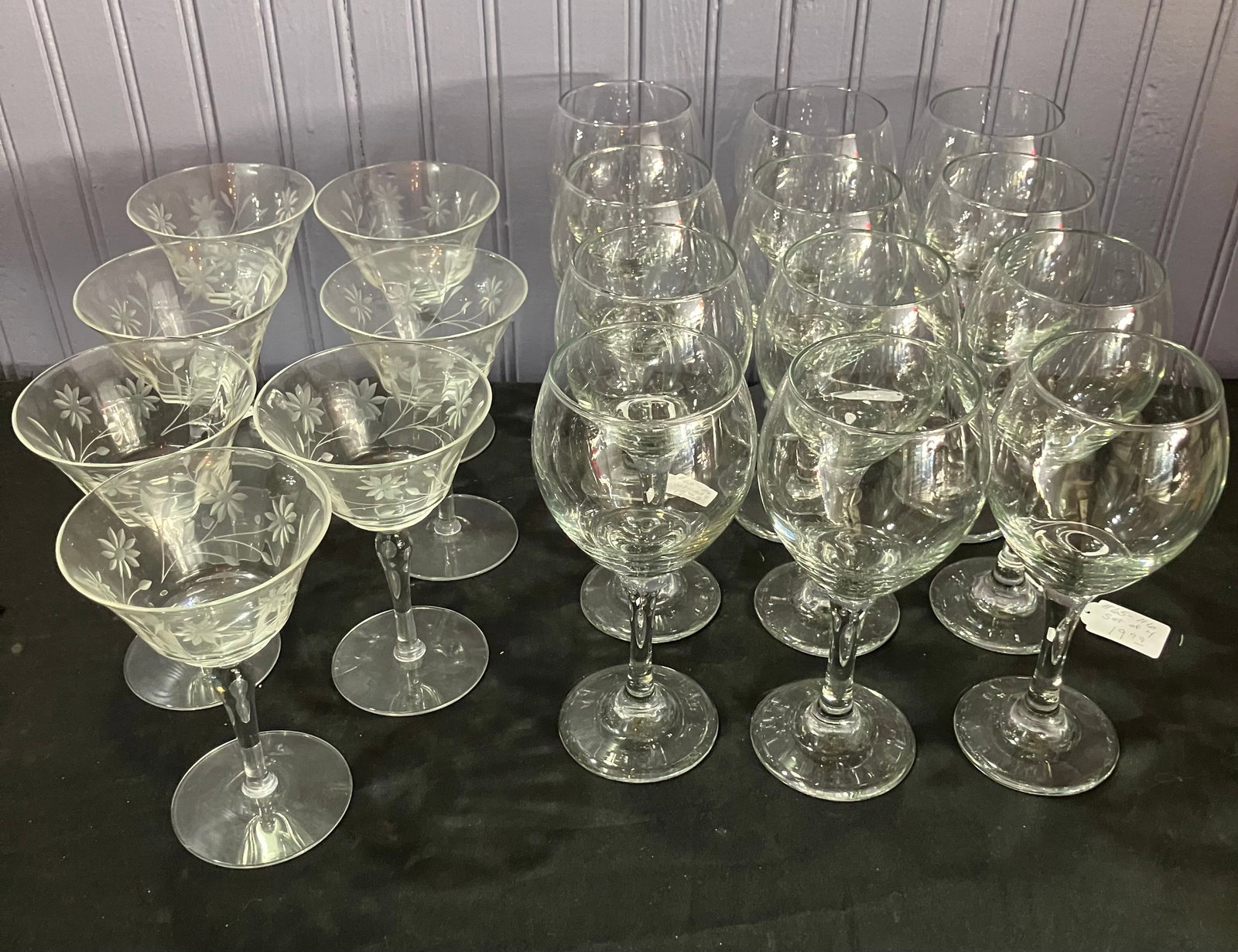 Collection Of Stemware Including Vintage Etched Glasses With Floral Pattern Decoration And Set Of 12: Collection Of Stemware Including Vintage Etched Glasses With Floral Pattern Decoration And Set Of 12 Wine Glasses 8"H