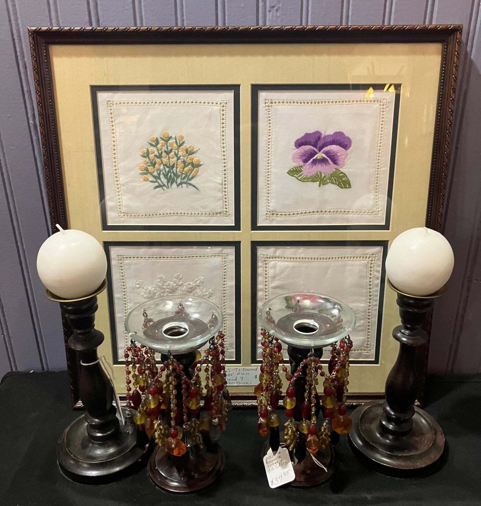 Framed Brode' Main Ireland 4 Handkerchiefs And Two Pairs Of Candlestick Holders - Decoration: Framed Brode' Main Ireland 4 Handkerchiefs And Two Pairs Of Candlestick Holders - Decoration (Tallest Candlestick Holder 9")