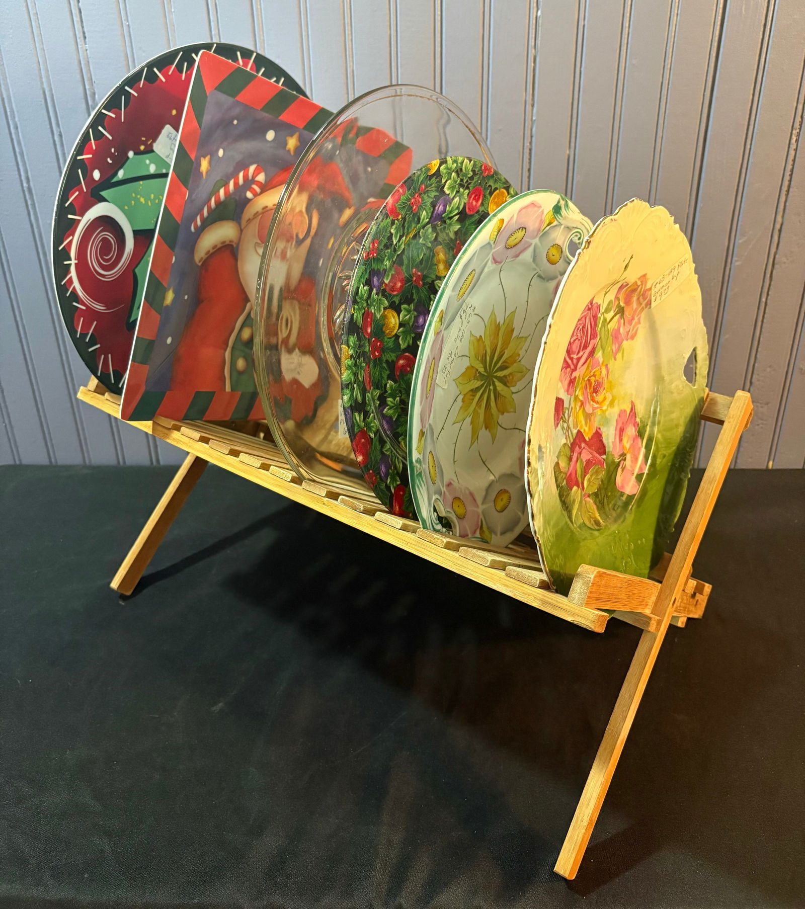 Wooden Plate Display Including Lot Of 6 Hand Painted, German And Christmas Plates (Display 18"X9") (1 of 6)