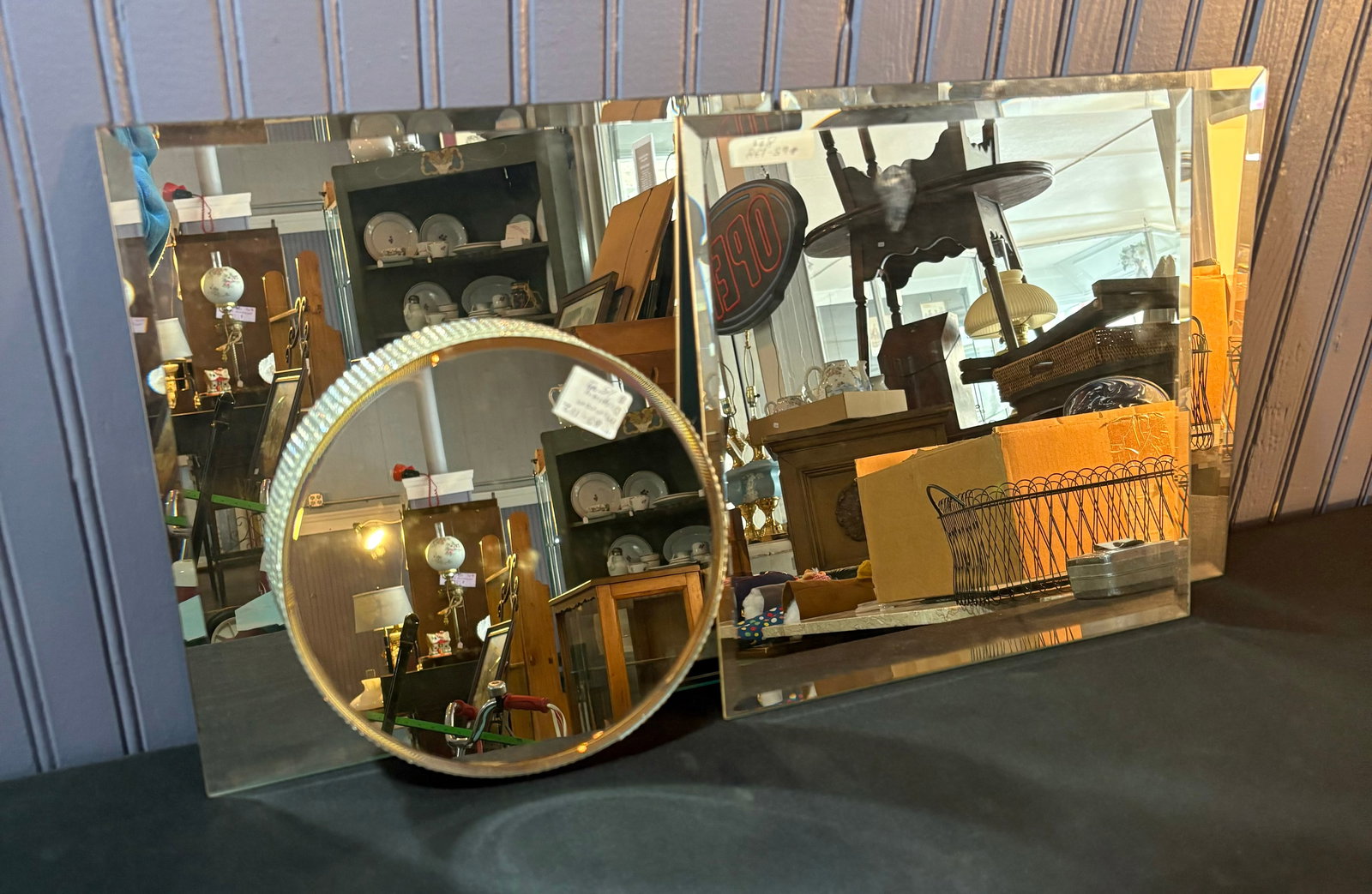 Set Of 3 Beveled Glass Mirrors 12X12" With Round Plateau Style Mirror (1 of 3)