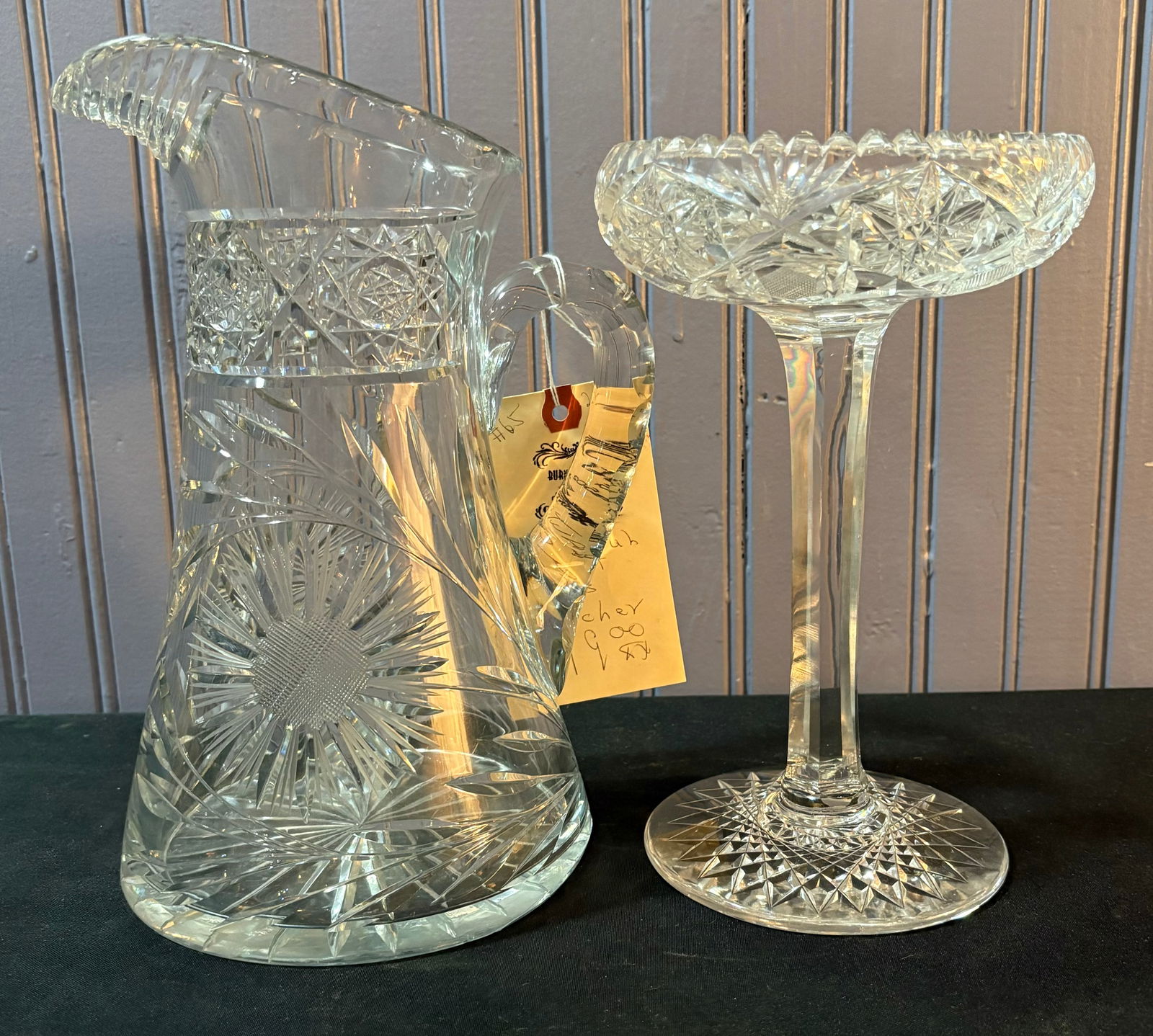 Beautiful Cut Glass Pitcher With Brilliant Cut Glass Stem Compote 11"H (1 of 8)