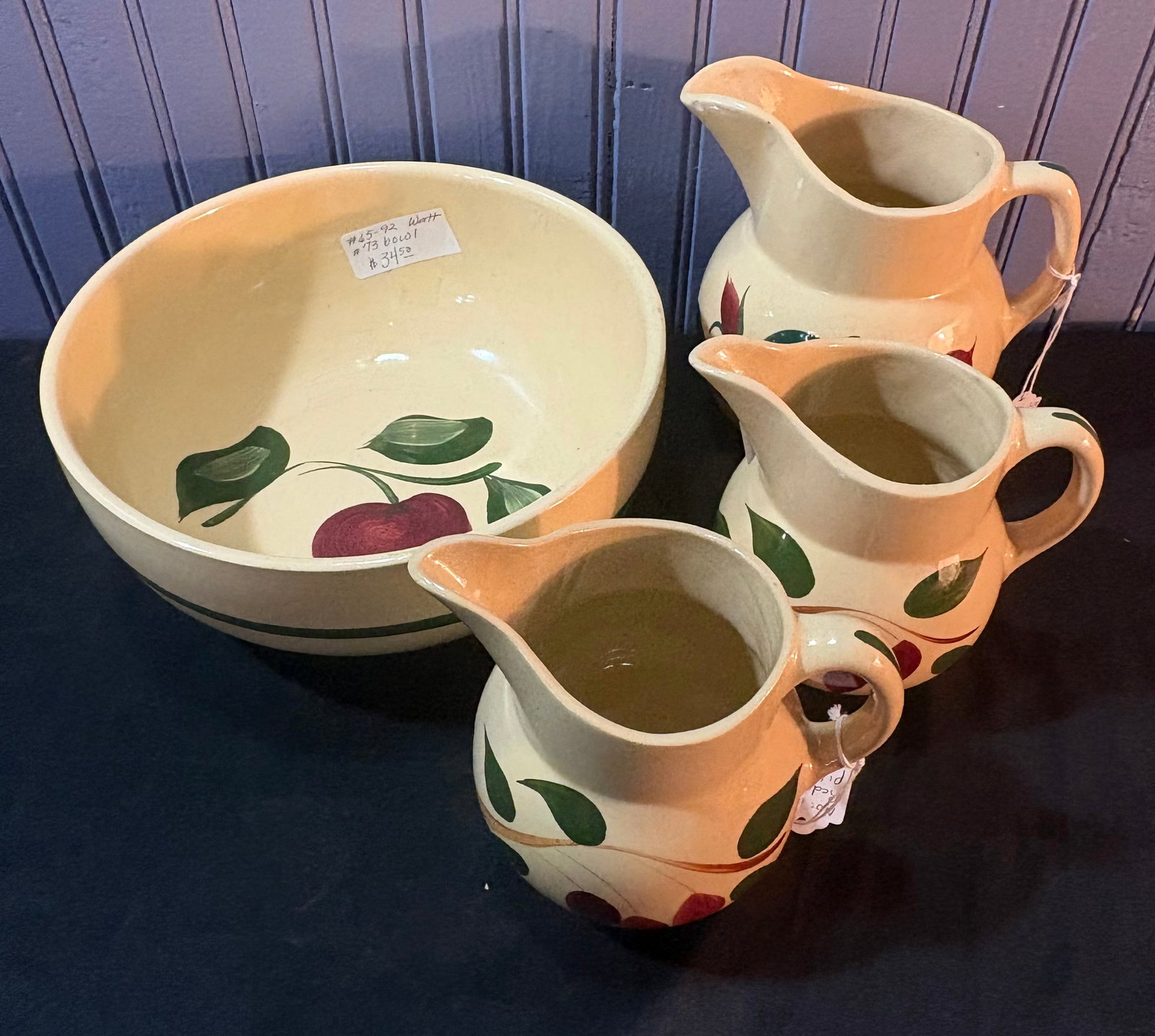 Watt Pottery Stoneware Apple Bowl (10") With Trio Of Red Bud Decorated Pitchers - Tallest 7" (1 of 6)